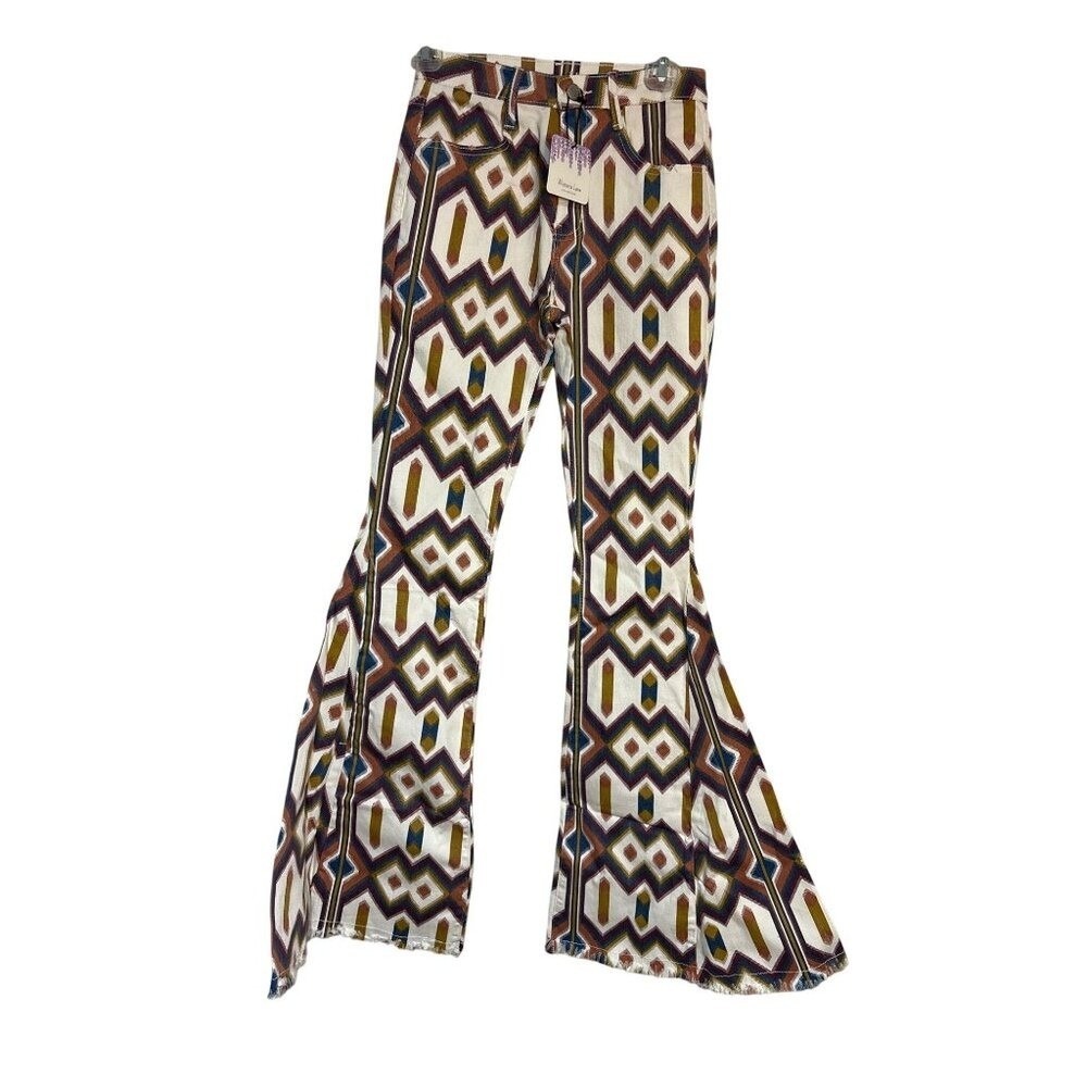 Wisteria Lane Geometric Flare Pants S White/Multicolor 98% Cotton & 2% Spandex